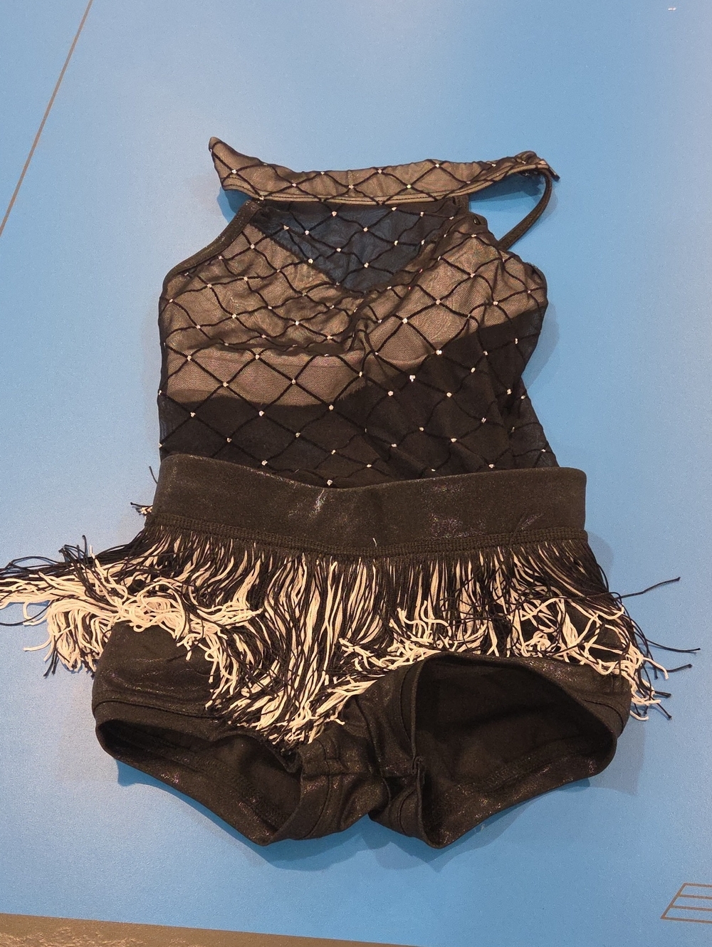 Kids Black Dance Costume with Fringe - Sparkle Mesh Bodice